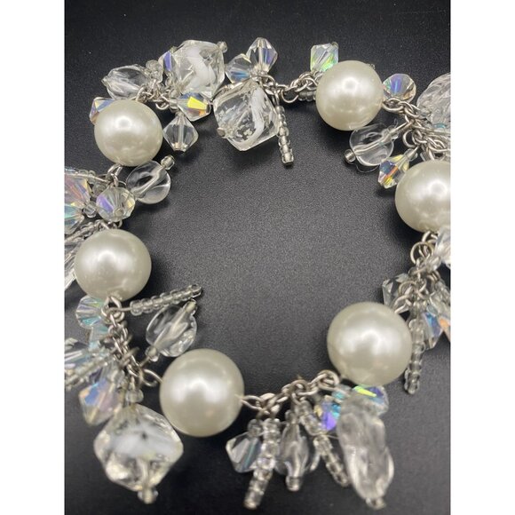 Faux White Pearl Bracelet AB Crystal Silver Tone Bridal Prom Pageant Fits  6.5" - Picture 2 of 8